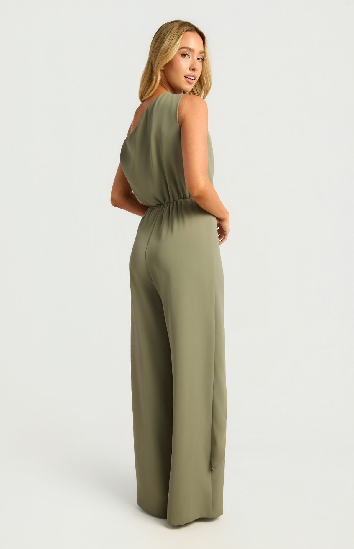 One Shoulder Drape Waist Tie Jumpsuit