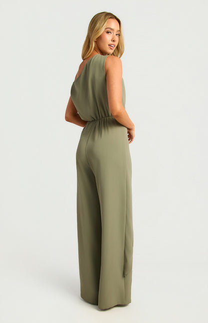 One Shoulder Drape Waist Tie Jumpsuit