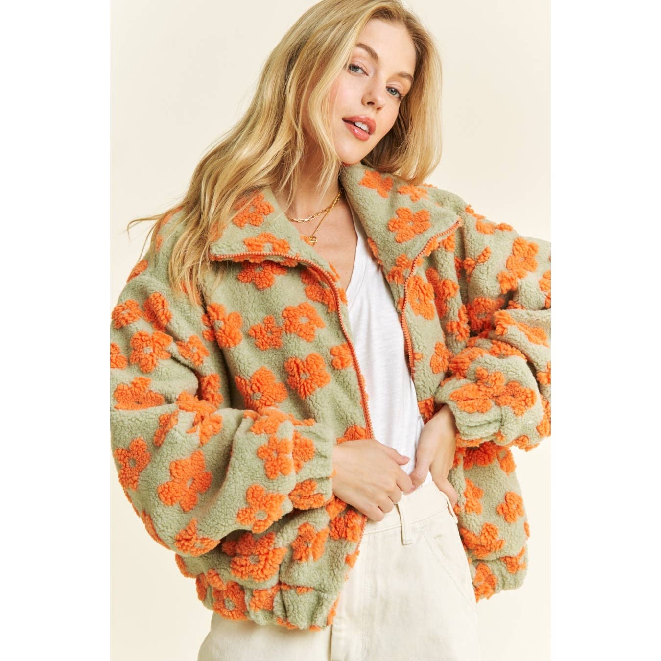 OVERSIZED TERRY BEAR FLEECE FLORAL COLOR BLOCK JACKET