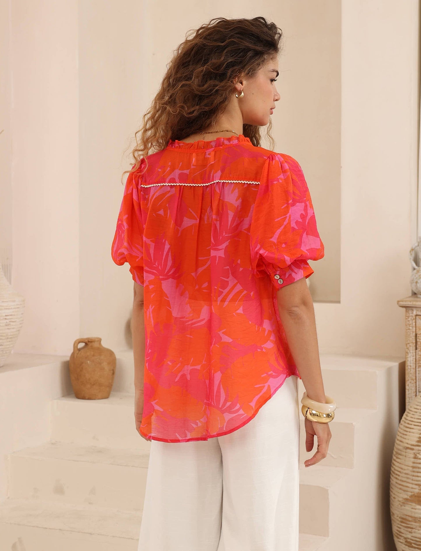 Tropical Puff Sleeve Button-up Blouse