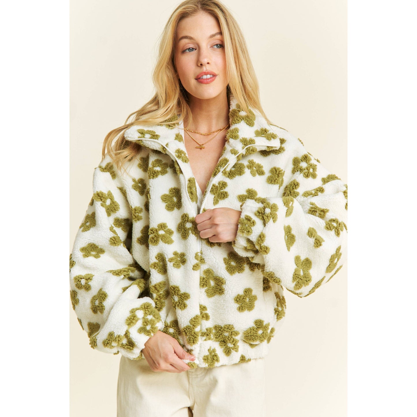 OVERSIZED TERRY BEAR FLEECE FLORAL COLOR BLOCK JACKET