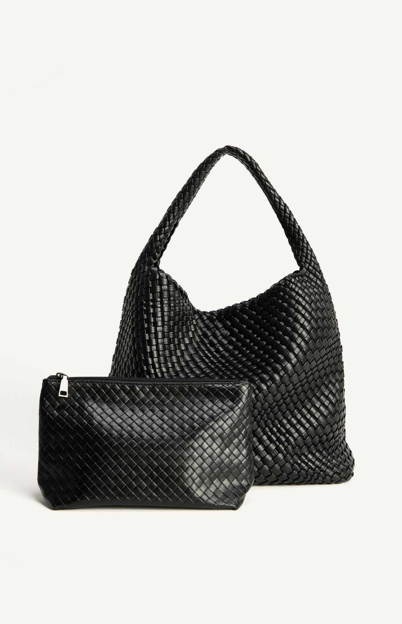 Black Woven Vegan Leather Hobo Bag with Pouch