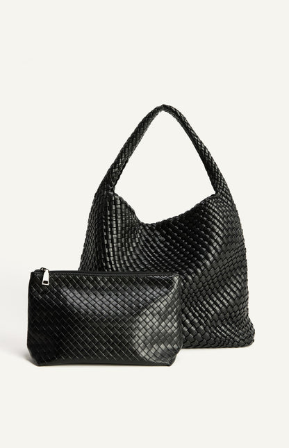Black Woven Vegan Leather Hobo Bag with Pouch