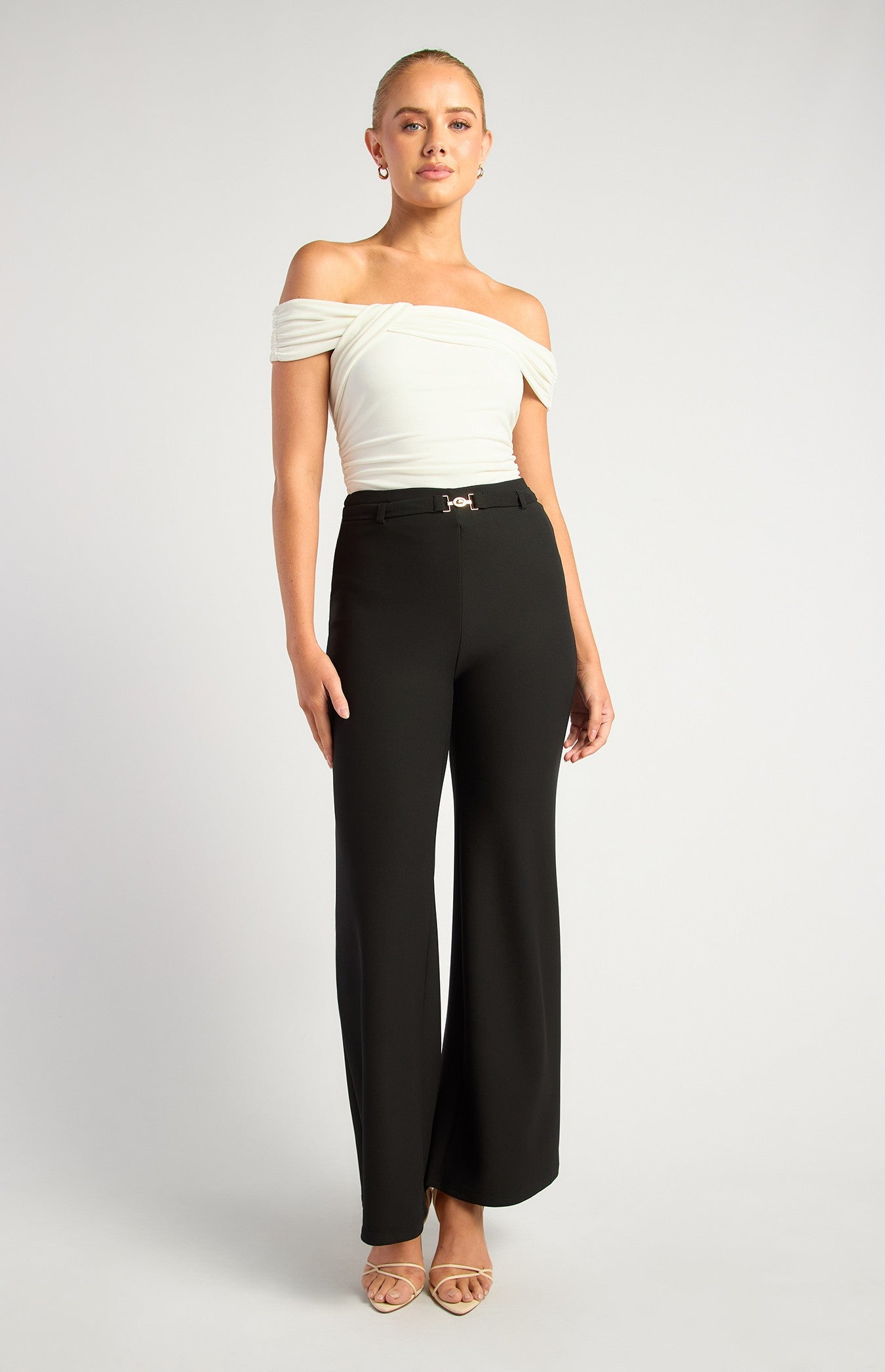 Black Boot Cut Jersey Pants with Gold Belt Buckle Detail