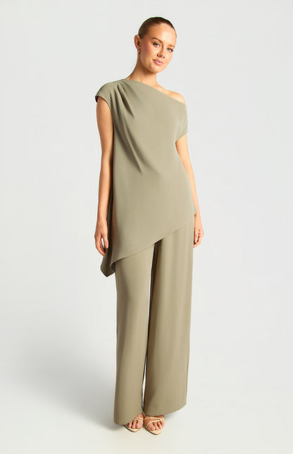 Olive Asymmetric Neckline Top With Tassel Belt Detail