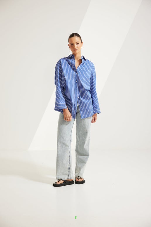 Dark Blue Ryann Striped Oversized Boyfriend Shirt