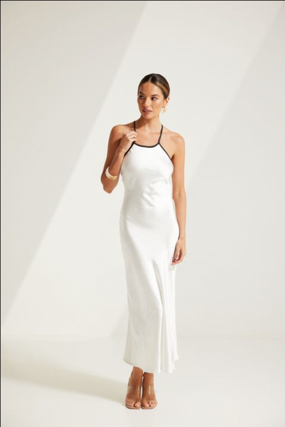 Cream Marina Silky Contrast Band Midi Dress