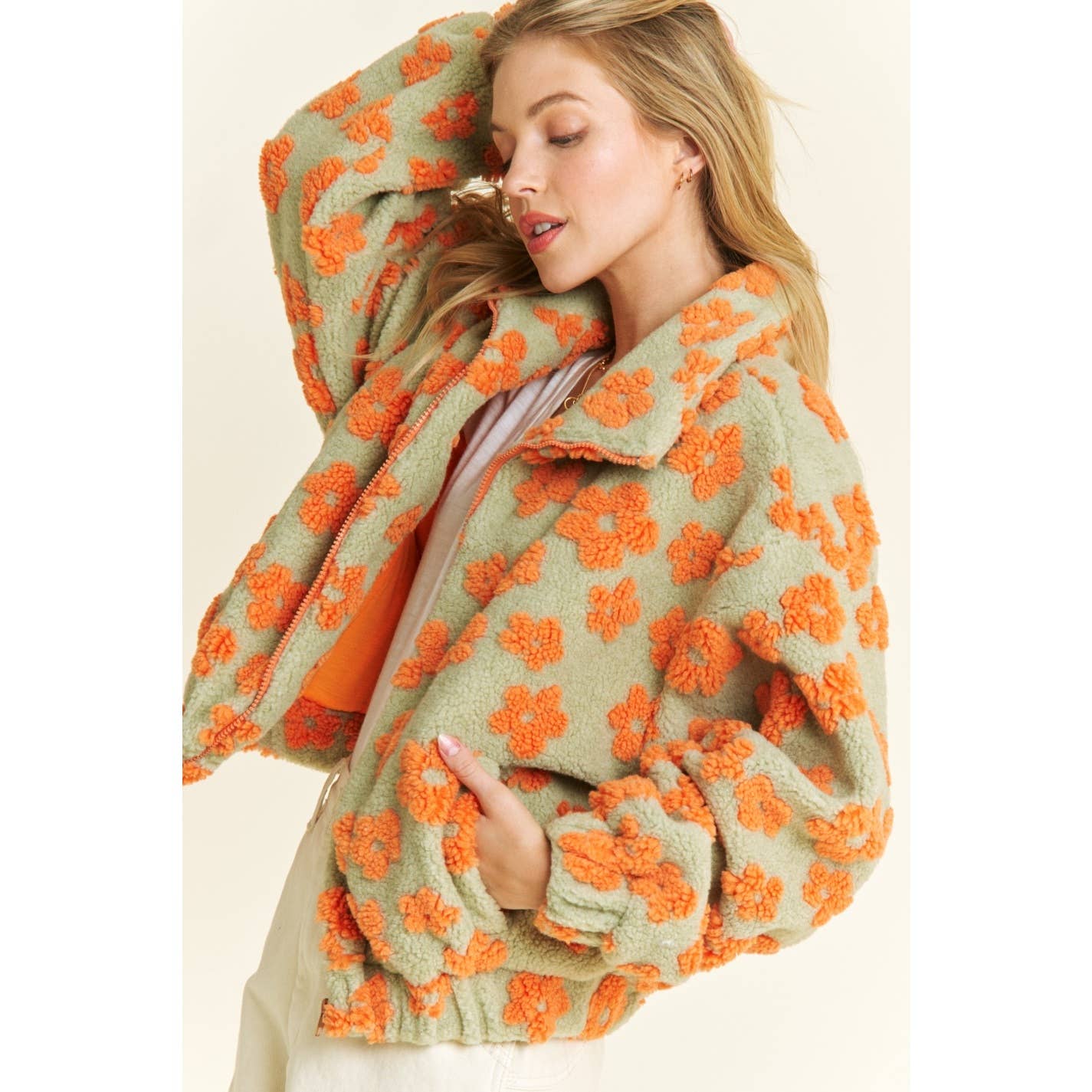 OVERSIZED TERRY BEAR FLEECE FLORAL COLOR BLOCK JACKET