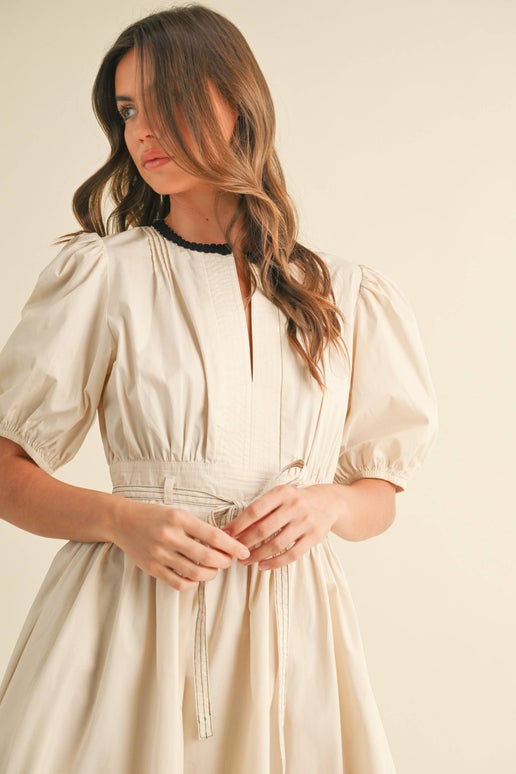 Beige Puff Sleeve Mini Dress