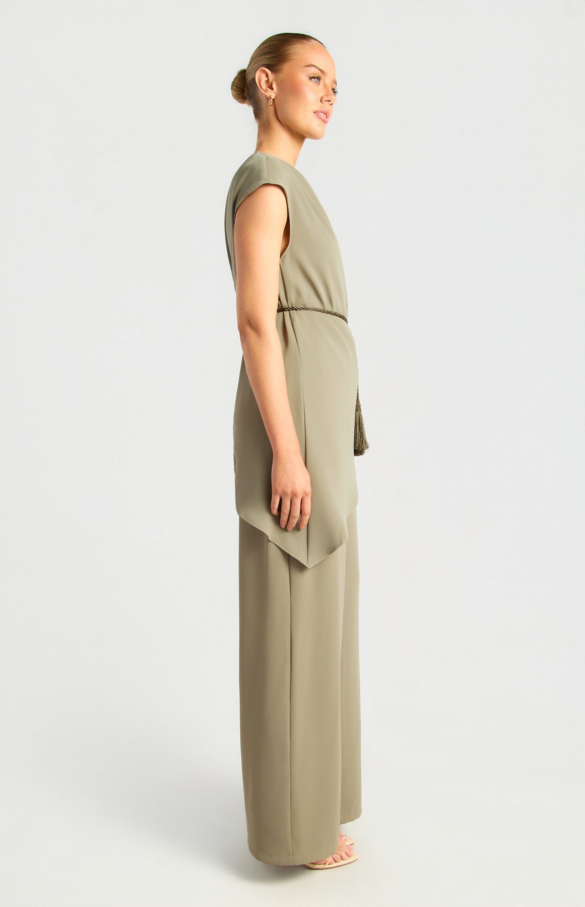 Olive Asymmetric Neckline Top With Tassel Belt Detail