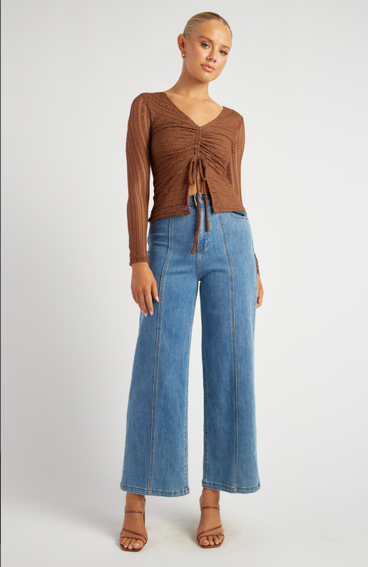 Chocolate Front Drawstring Detail Stretch
lace Top