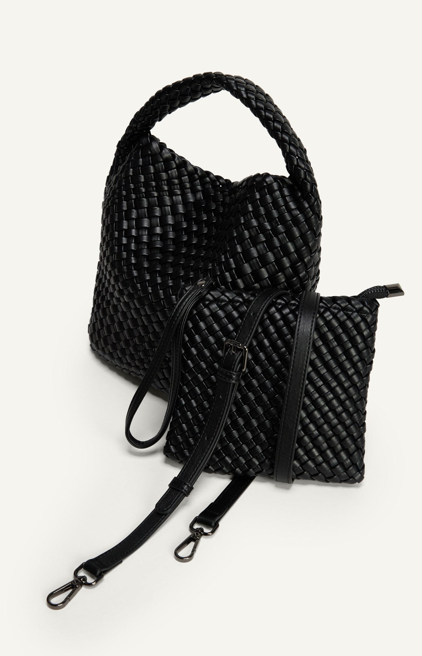 Black Woven Vegan Leather Handle Bag With Woven Pouch - ANGIE HANDLE BAG