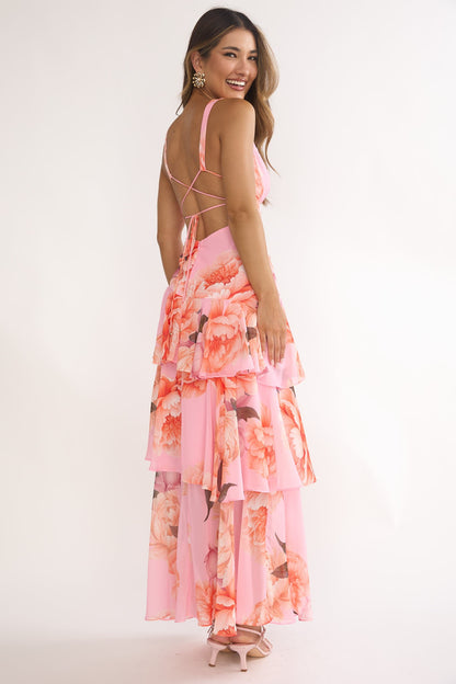 Azalea Pink Floral Tiered Maxi Dress