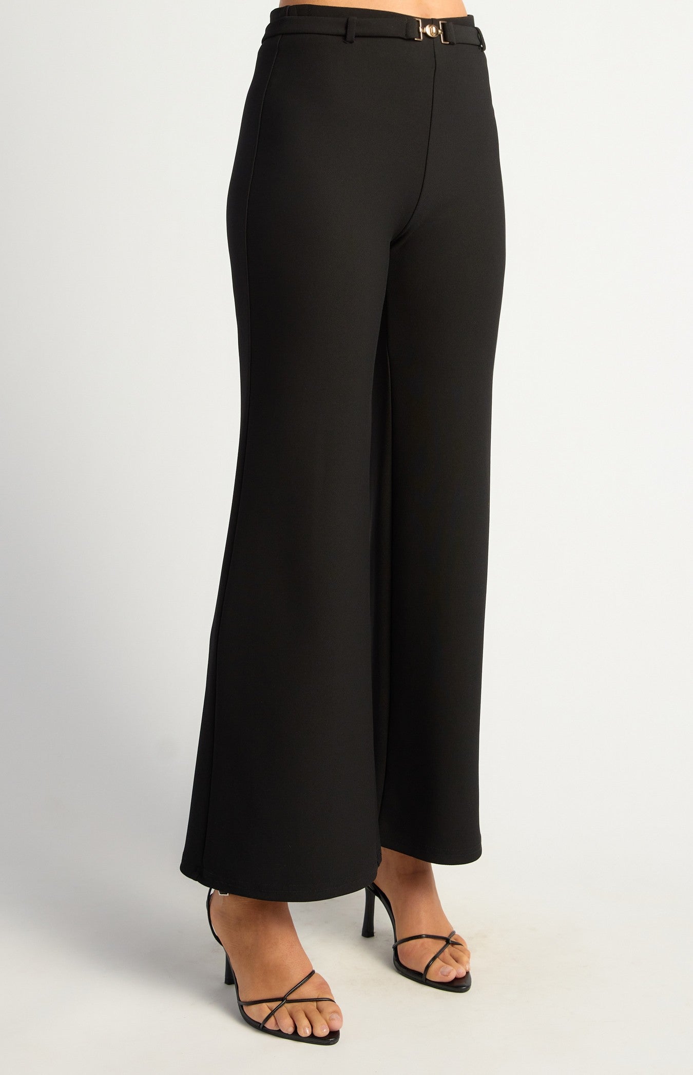 Black Boot Cut Jersey Pants with Gold Belt Buckle Detail