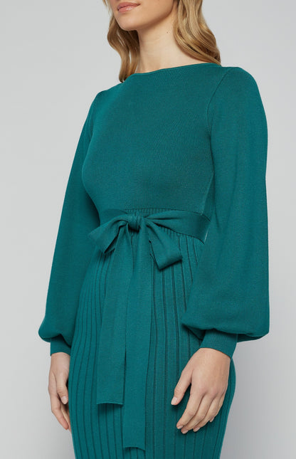Teal Boat Neckline Bubble Sleeve Contrast Knit Midi Dress