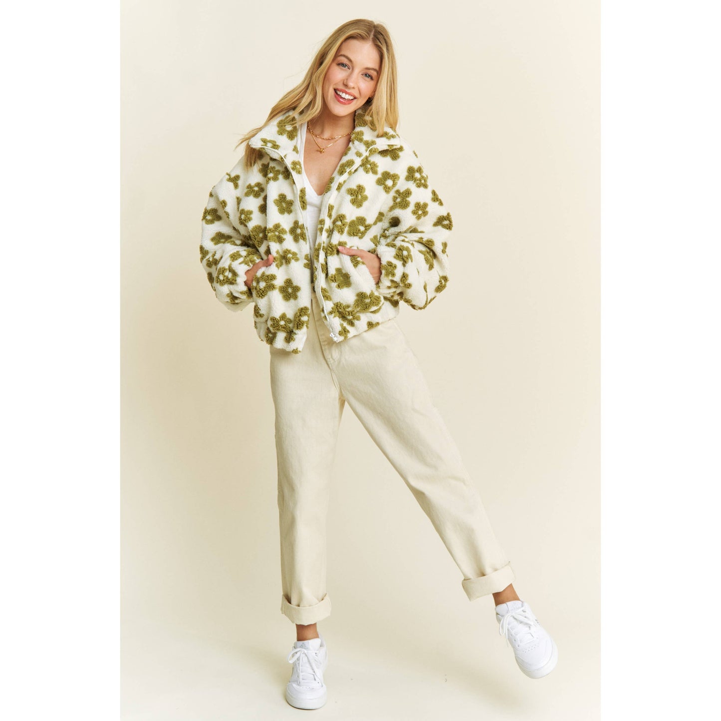 OVERSIZED TERRY BEAR FLEECE FLORAL COLOR BLOCK JACKET