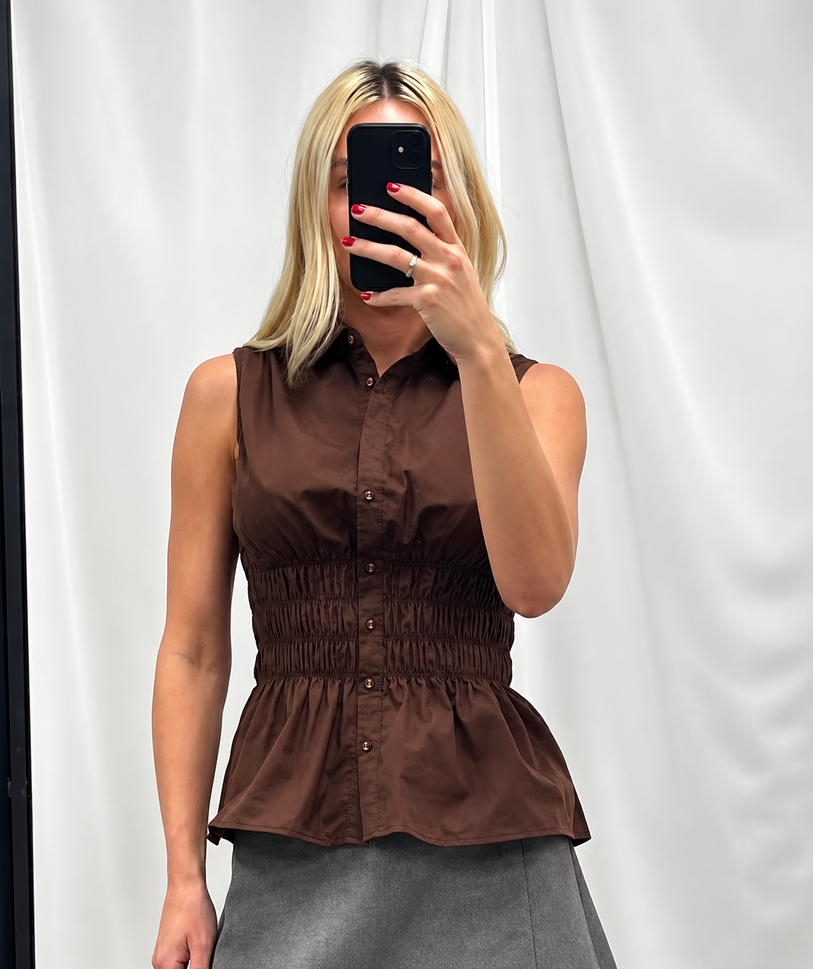 Ruched Button Down Sleeveless Shirt