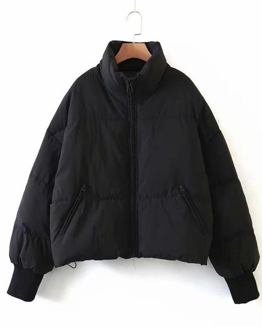 Black Stand Collar Zip Puffer Jacket