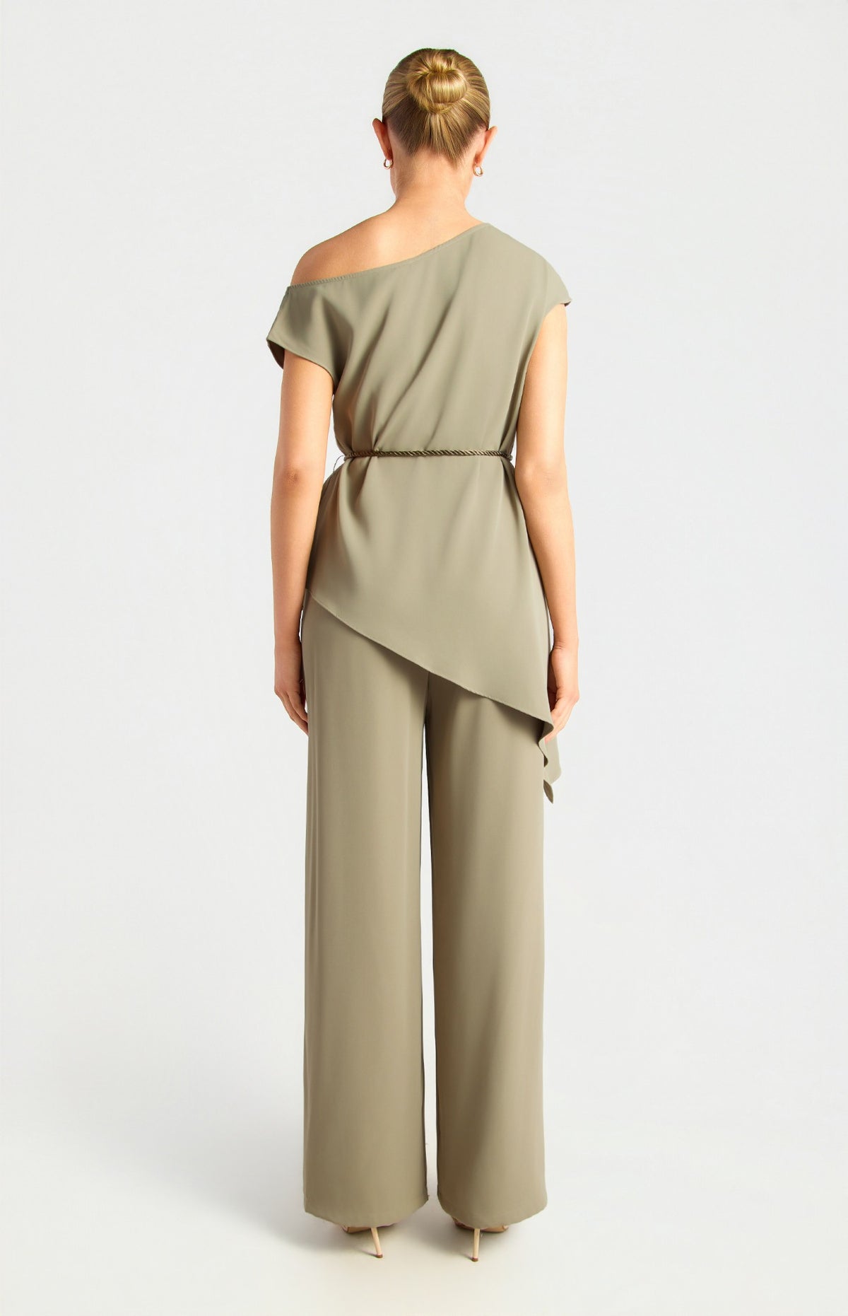 Olive Asymmetric Neckline Top With Tassel Belt Detail