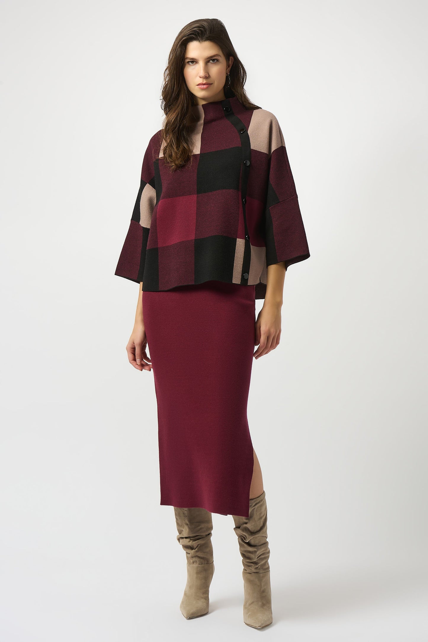 Plaid Jacquard Sweater Knit Top Merlot/Multi