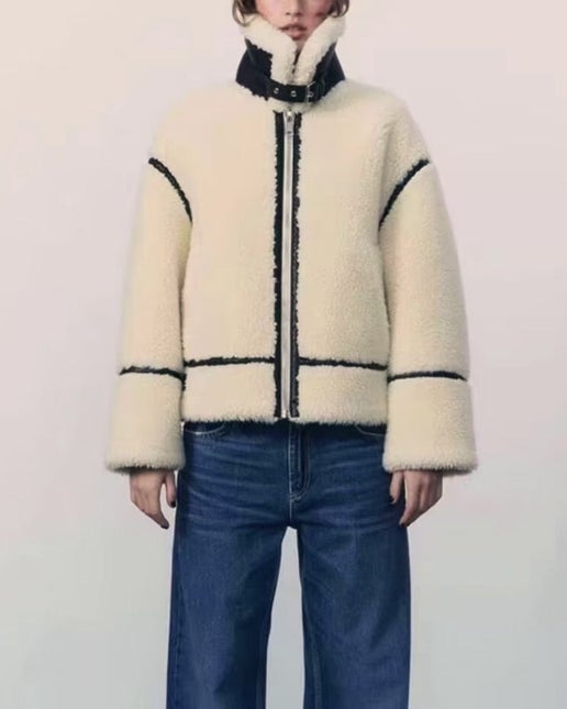 Cream Faux Fur Lapel Patchwork Zipper Jacket