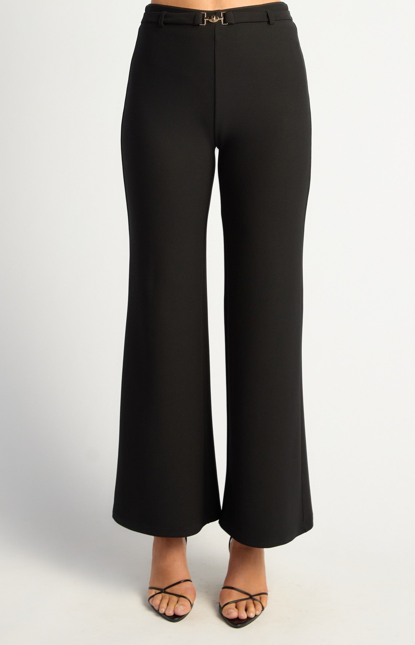 Black Boot Cut Jersey Pants with Gold Belt Buckle Detail