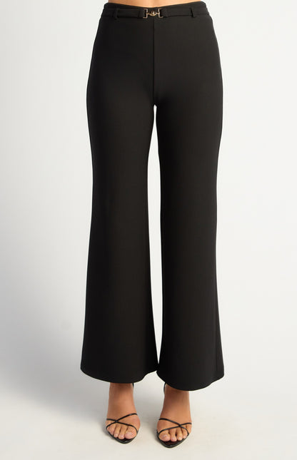 Black Boot Cut Jersey Pants with Gold Belt Buckle Detail