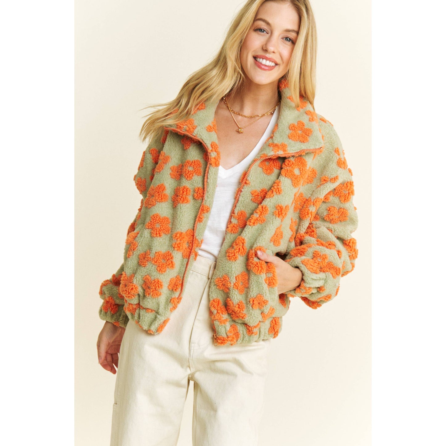 OVERSIZED TERRY BEAR FLEECE FLORAL COLOR BLOCK JACKET