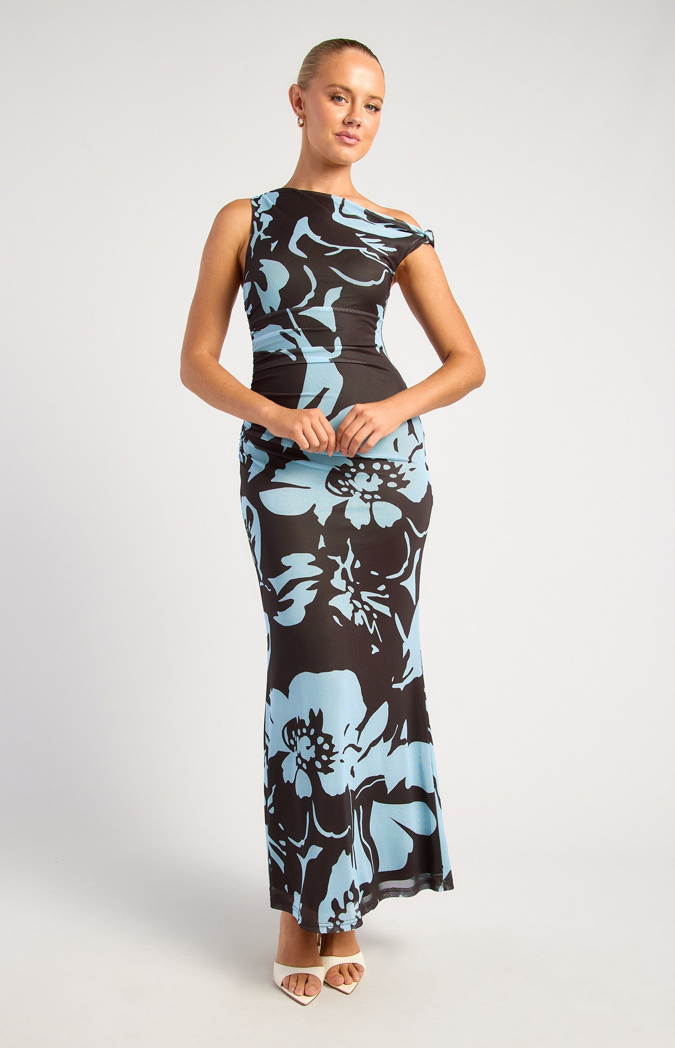 Blue Espresso Floral Print Asymmetric Neckline Maxi Dress