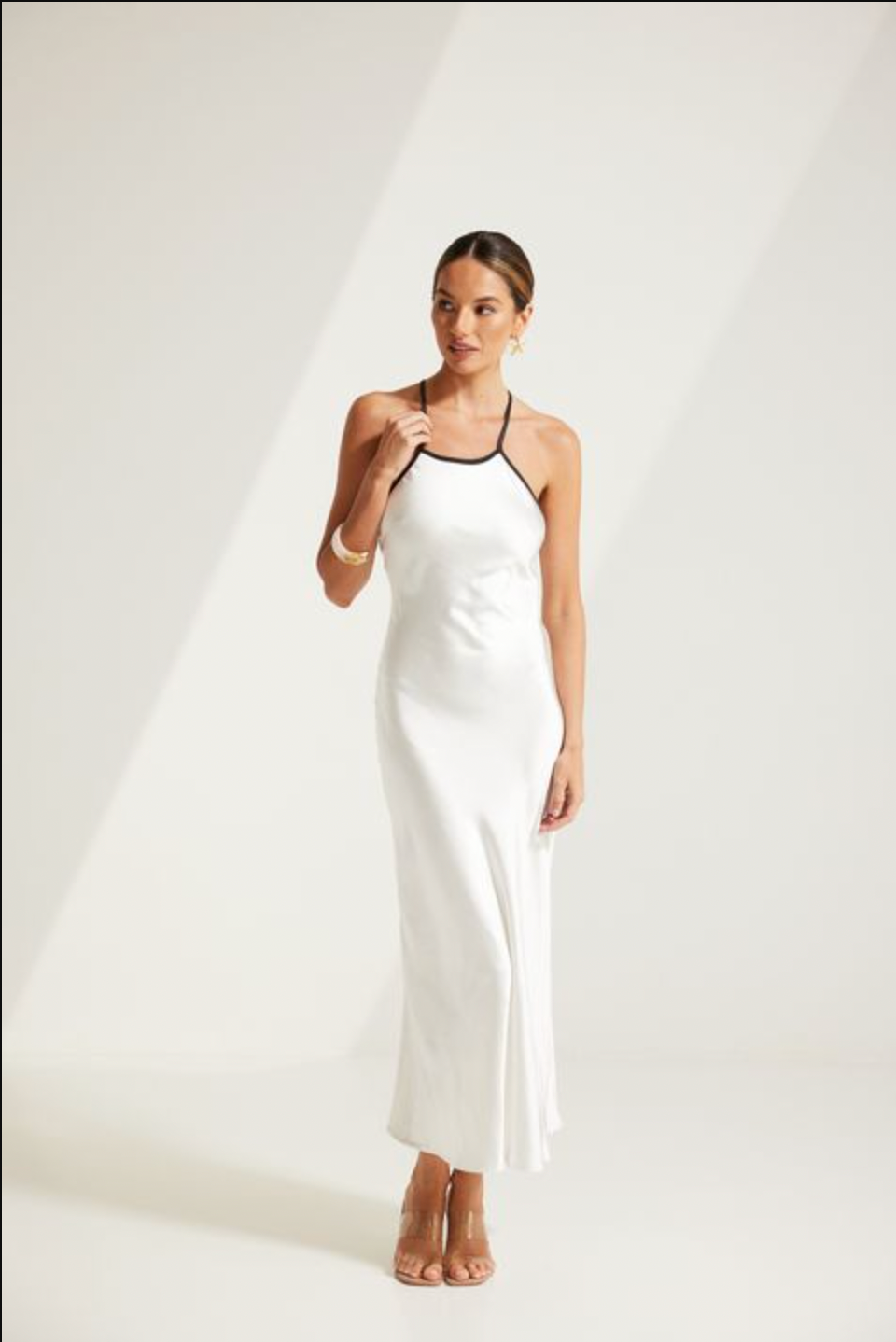 Cream Marina Silky Contrast Band Midi Dress