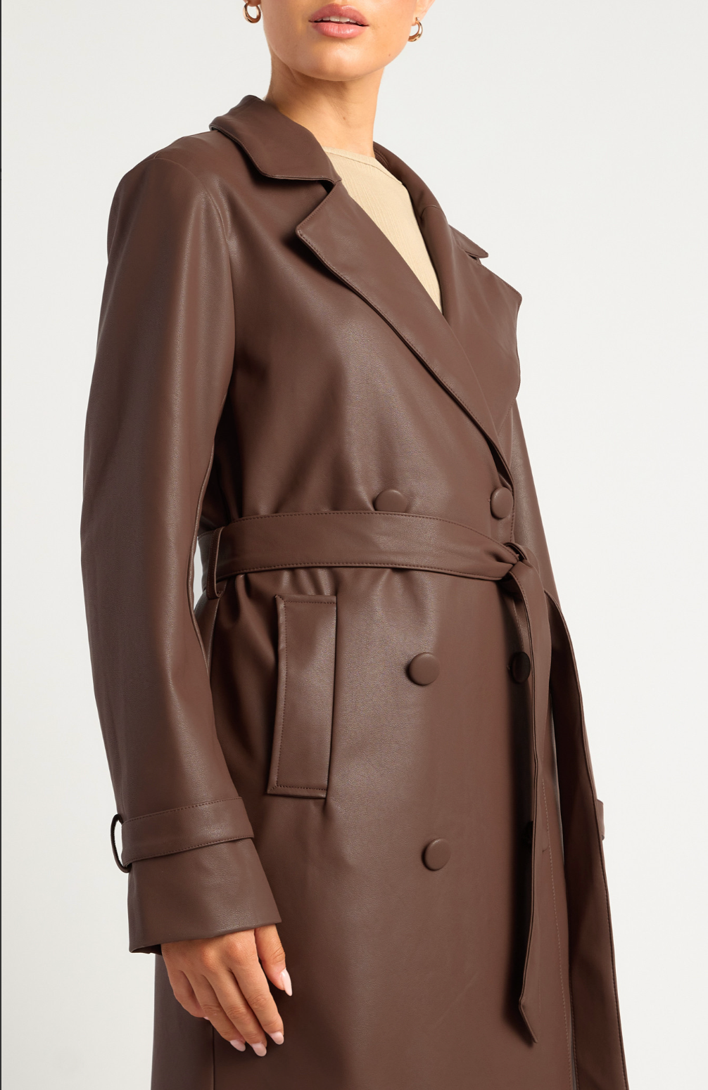 Dark Faux Leather Double Breasted Longline Trench Coat