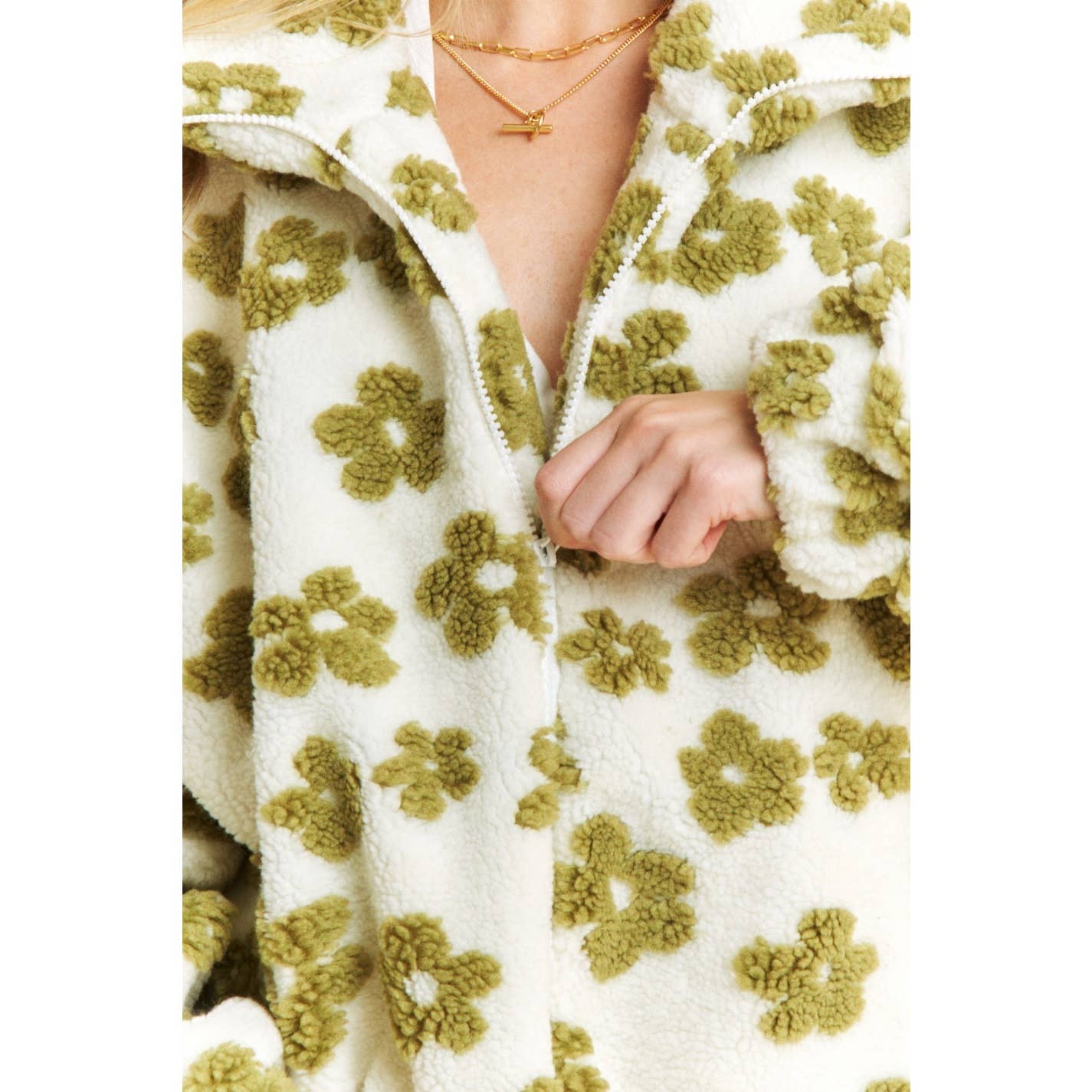 OVERSIZED TERRY BEAR FLEECE FLORAL COLOR BLOCK JACKET