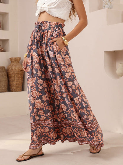 Navy Bohemian Pants with Flower Print