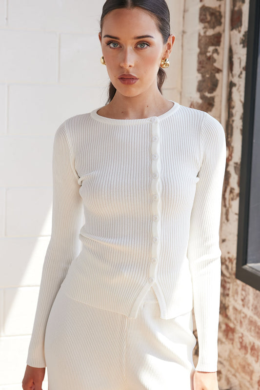 White Liv Crew Neck Ribbed Knit Top