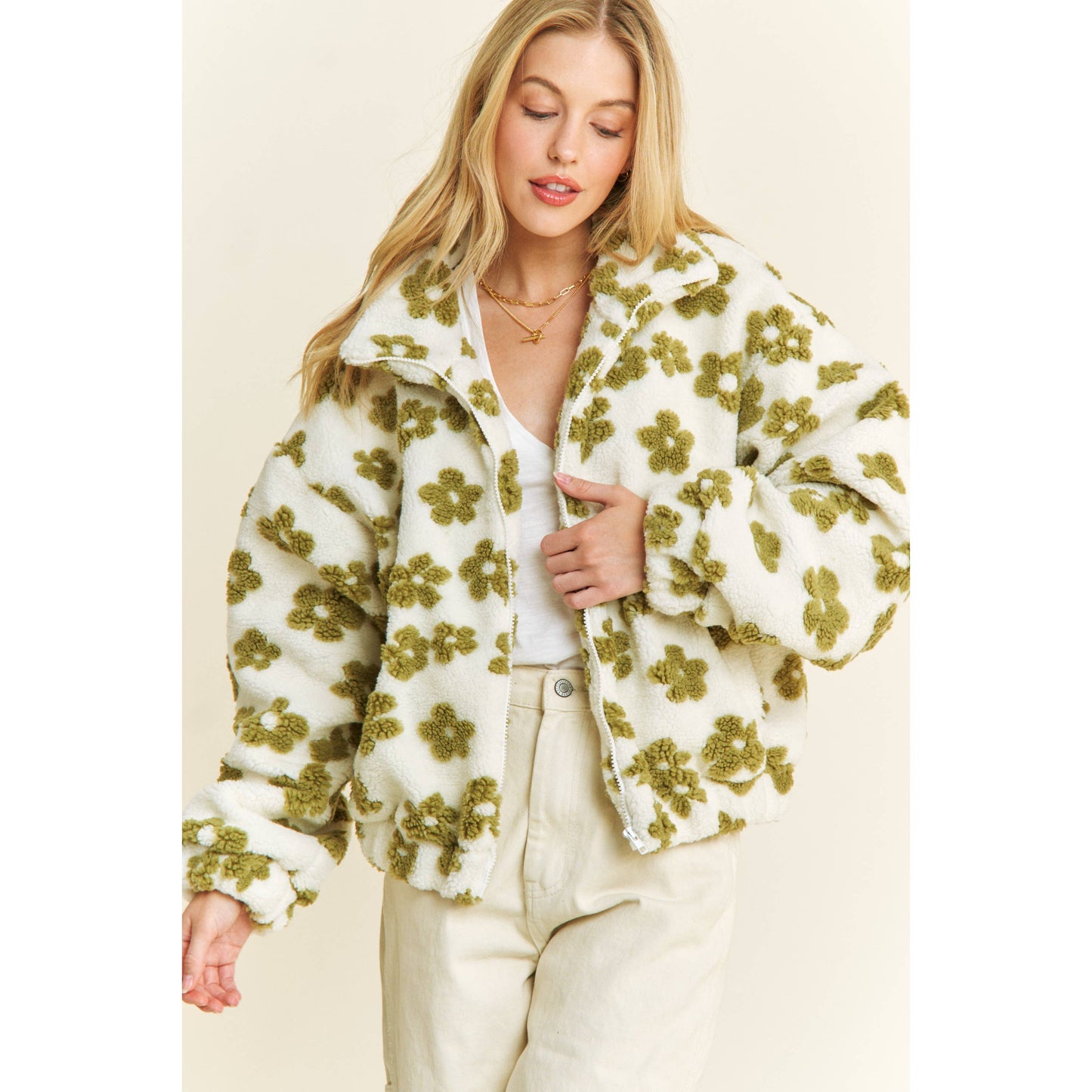OVERSIZED TERRY BEAR FLEECE FLORAL COLOR BLOCK JACKET