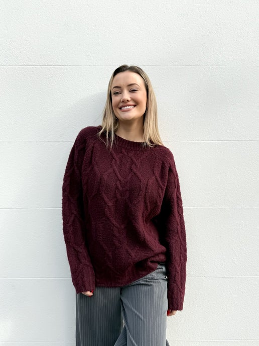 Burgundy Melange Block Cable Jumper