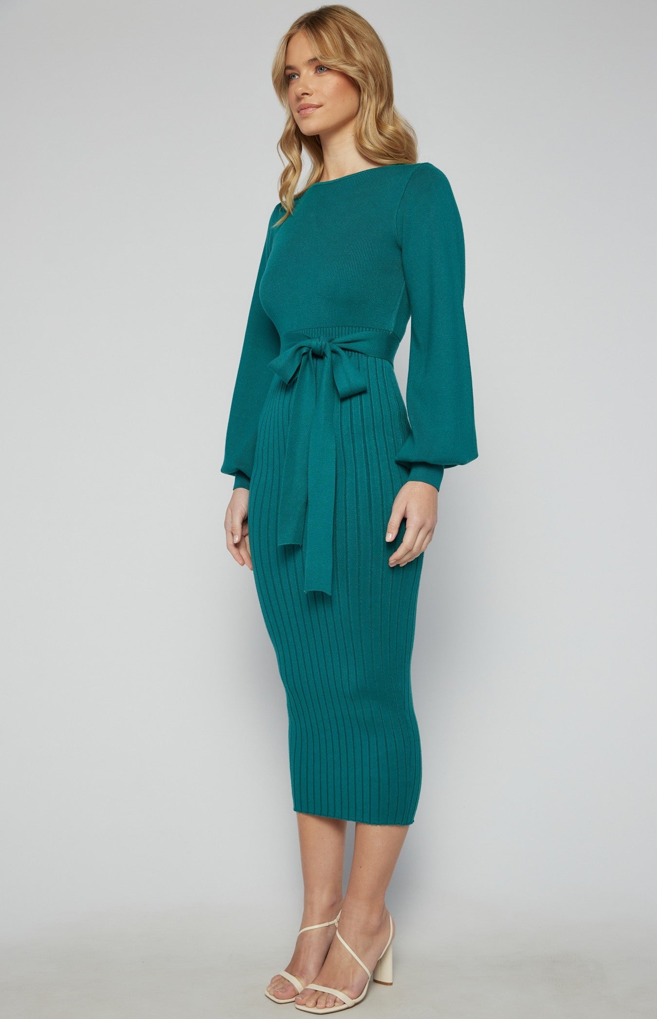 Teal Boat Neckline Bubble Sleeve Contrast Knit Midi Dress
