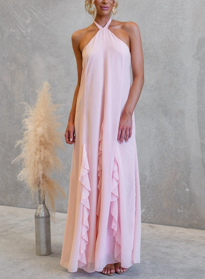 Blush Pink Marcella Rosette Halter Maxi Dress