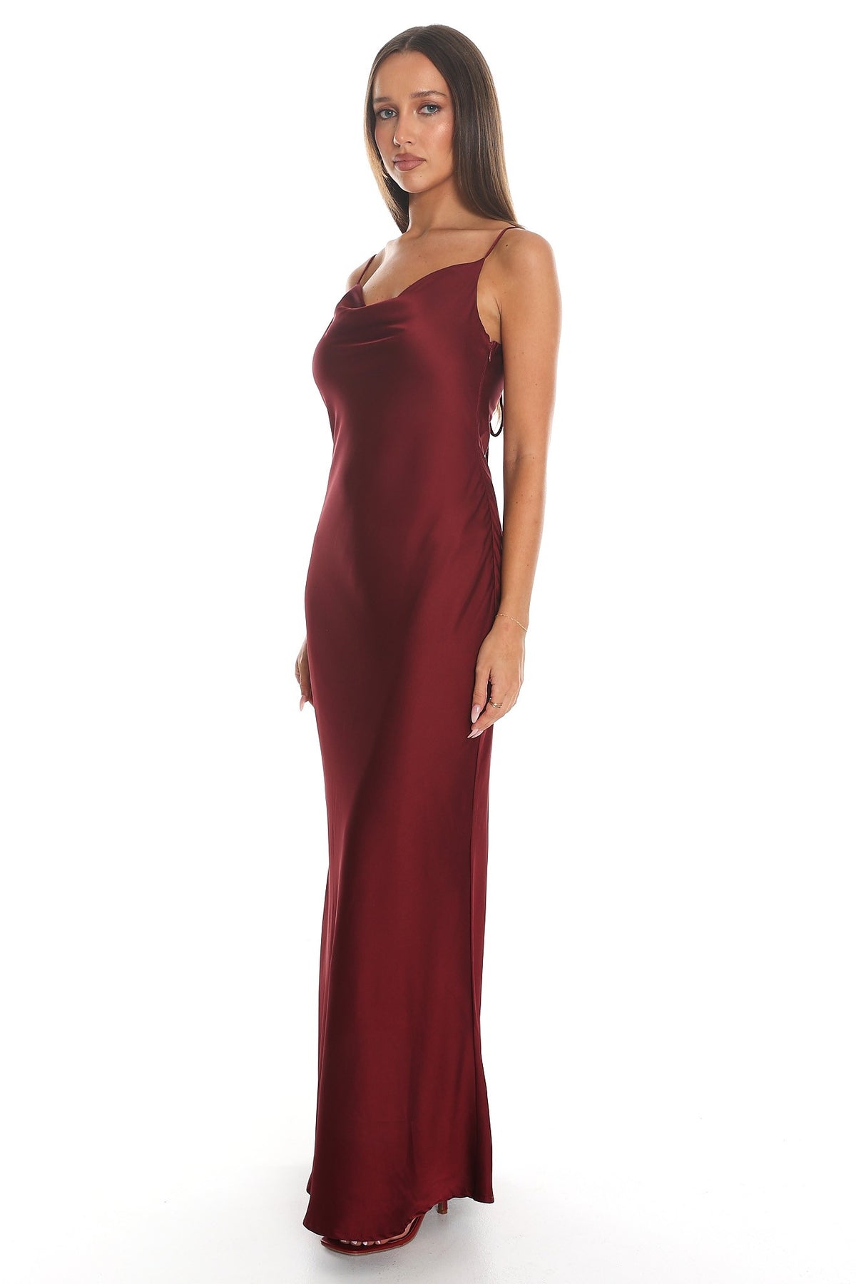 Celeste Satin Cowl Maxi Dress – Burgundy