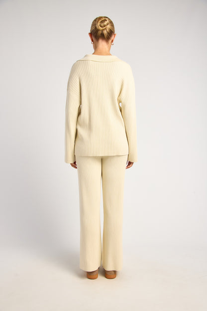 Bone Ribbed Knit Button Up Top
