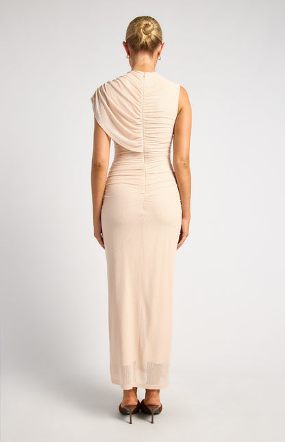 Draped Neckline Textured Mesh Maxi Dress