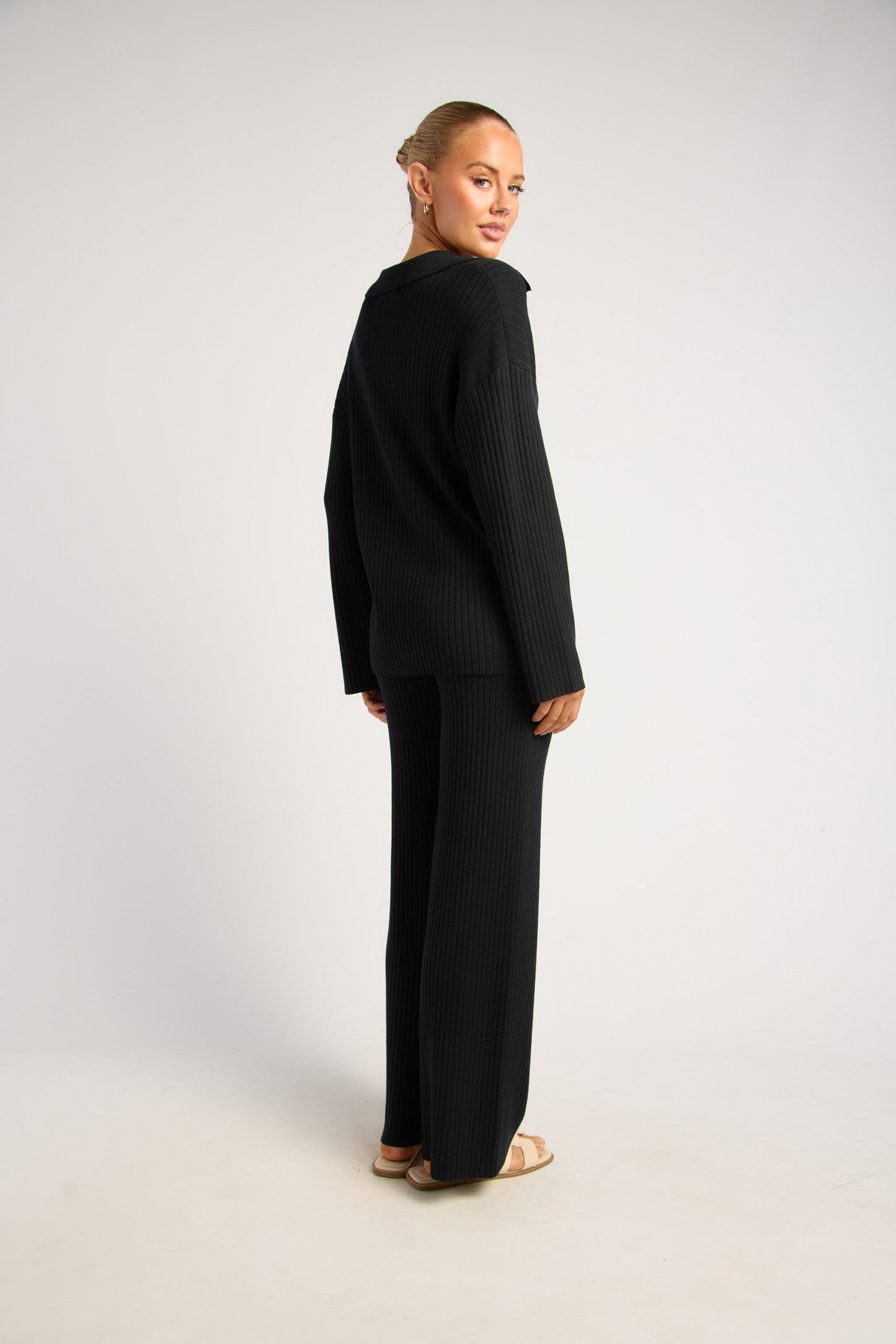 Black Ribbed Knit Set with Front Button Up