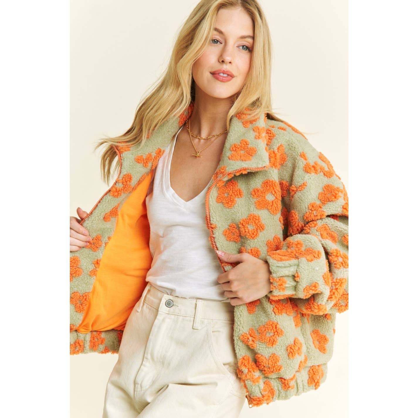 OVERSIZED TERRY BEAR FLEECE FLORAL COLOR BLOCK JACKET