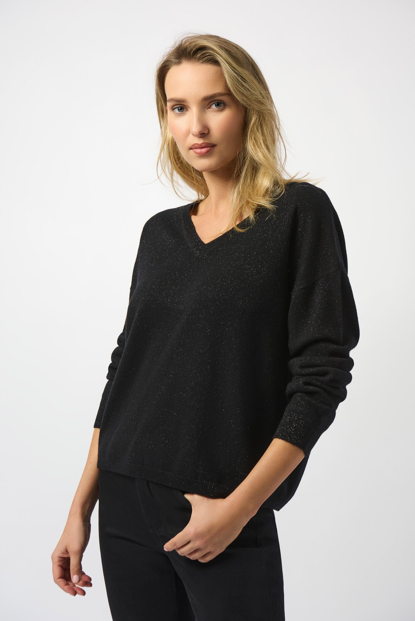 Black Wool Blend V-Neck Boxy Sweater