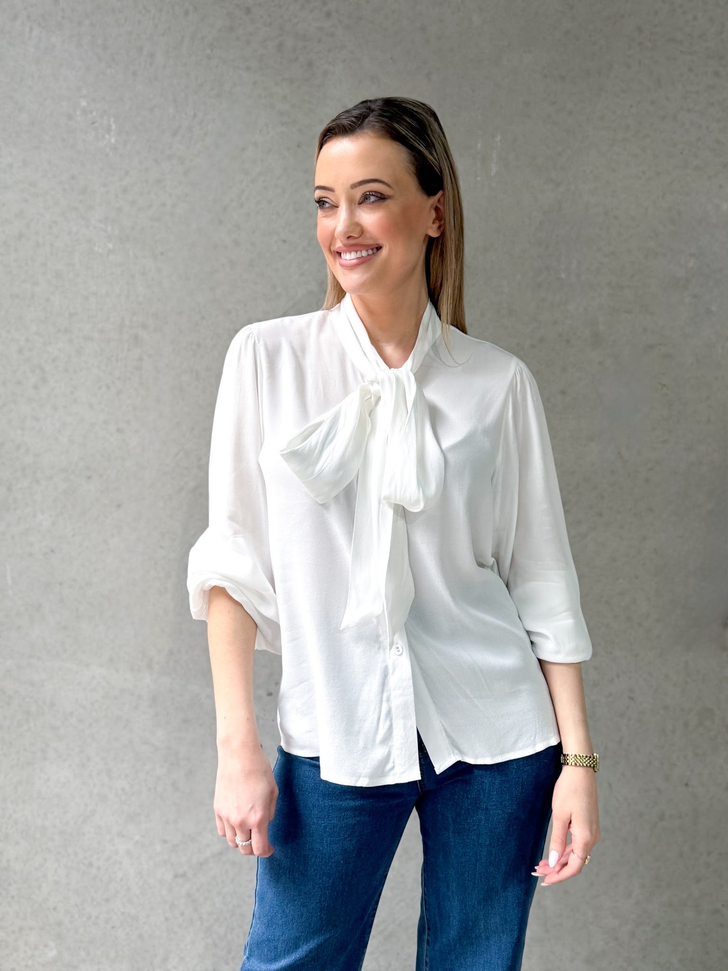 White Bow Tie Neck Blouse