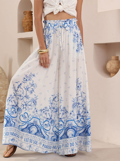 White Pants with Blue Flower Print