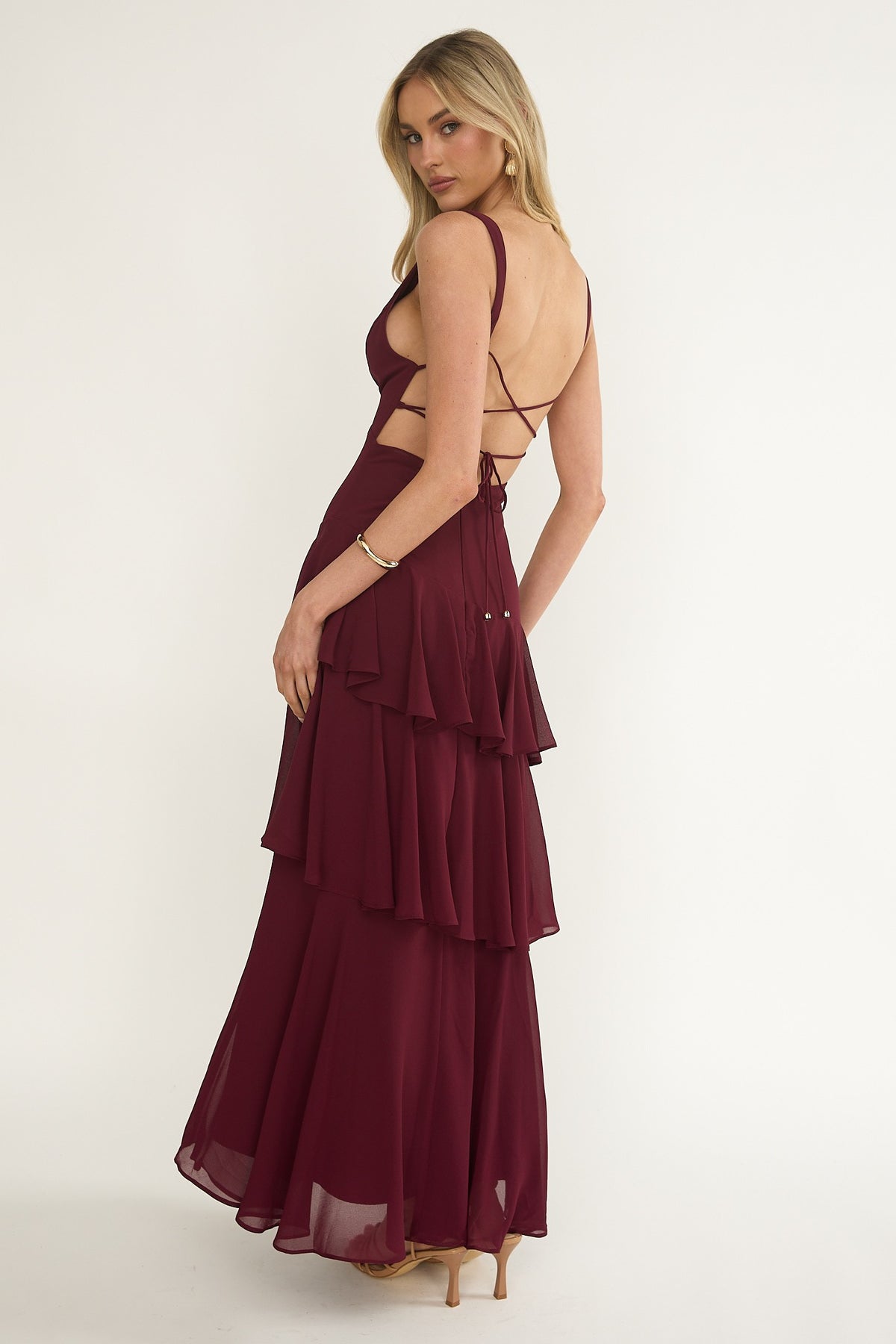 Serena Wine Tiered Maxi Dress