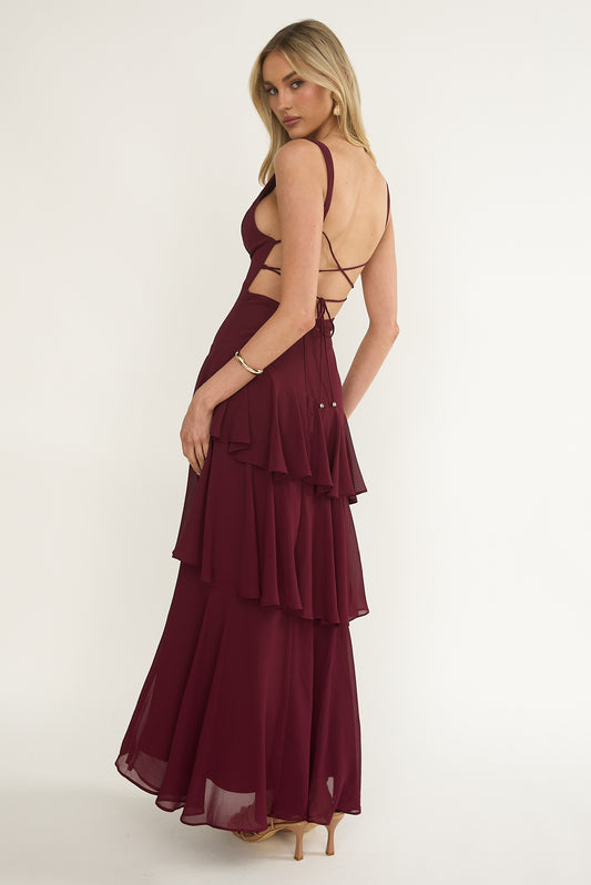 Serena Wine Tiered Maxi Dress
