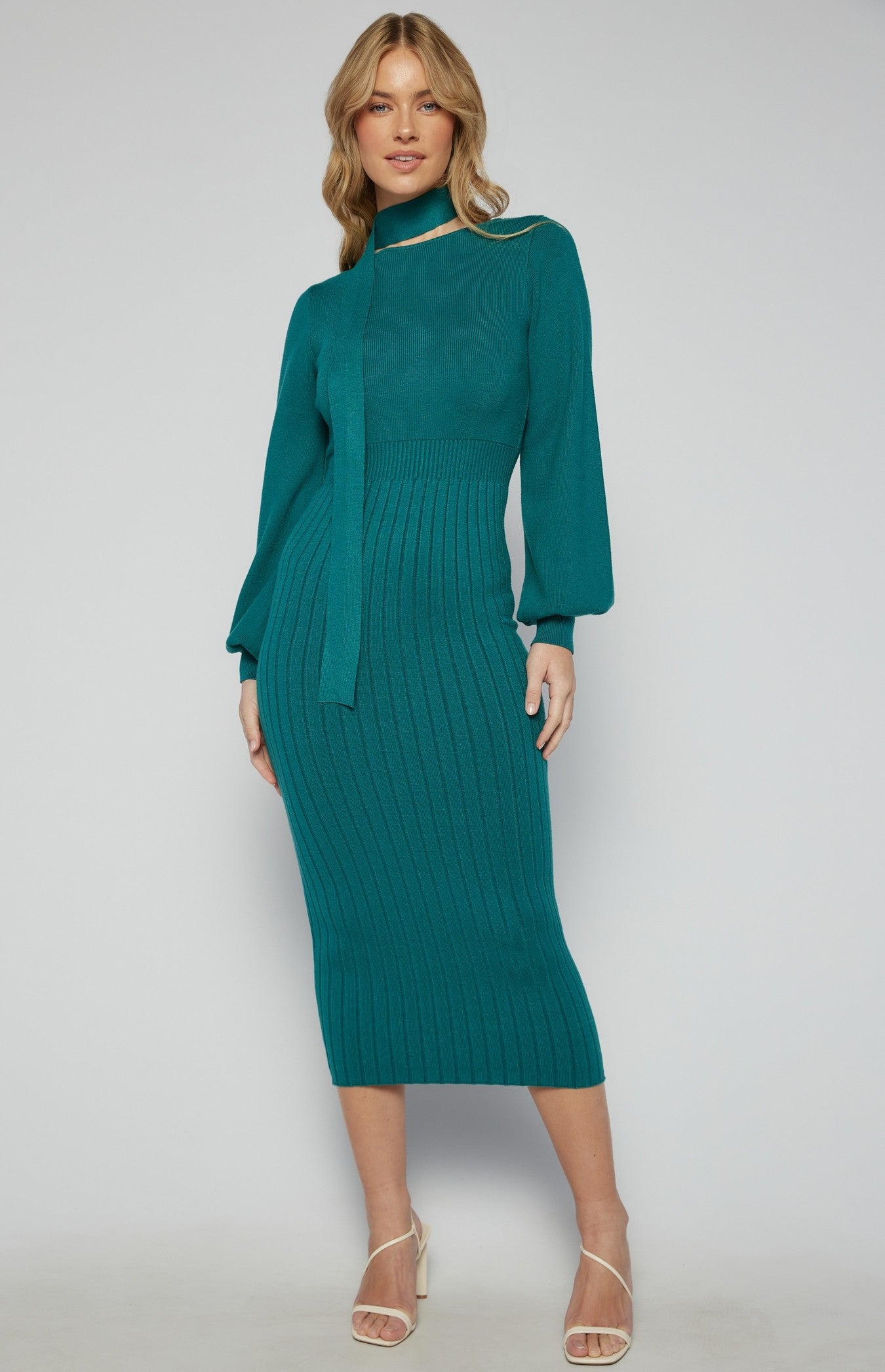 Teal Boat Neckline Bubble Sleeve Contrast Knit Midi Dress