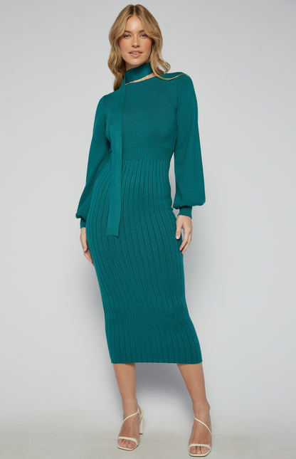 Teal Boat Neckline Bubble Sleeve Contrast Knit Midi Dress